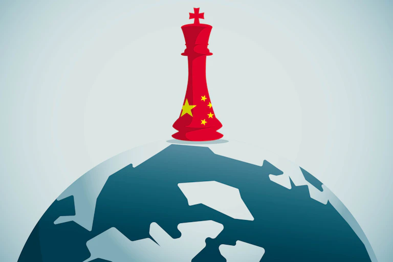 A king chess piece in Chinese red and yellow flag design sits on top of a animated world.