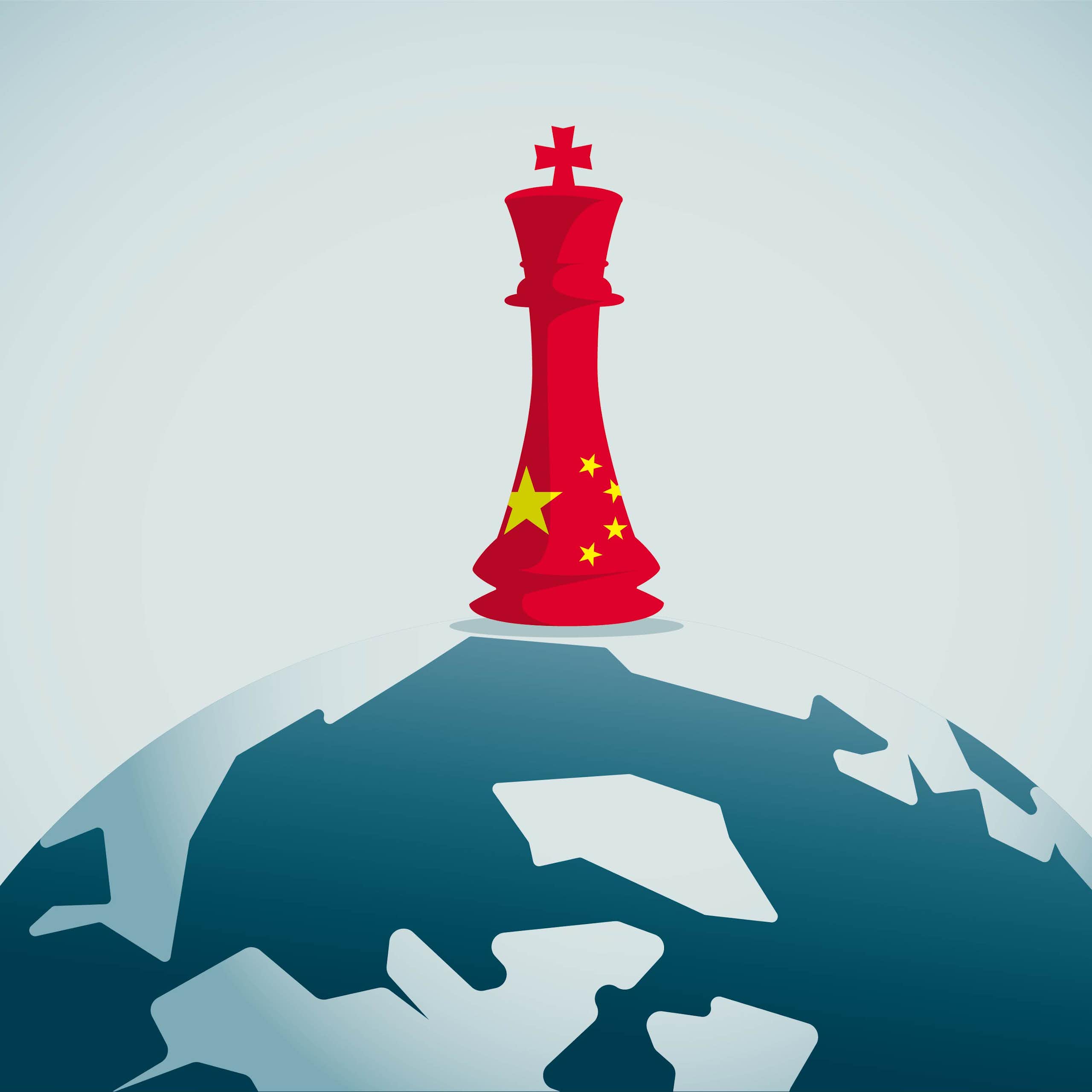A king chess piece in Chinese red and yellow flag design sits on top of a animated world.