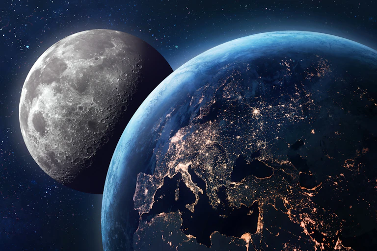 Ilustração de computador da Terra com a Lua ao fundo