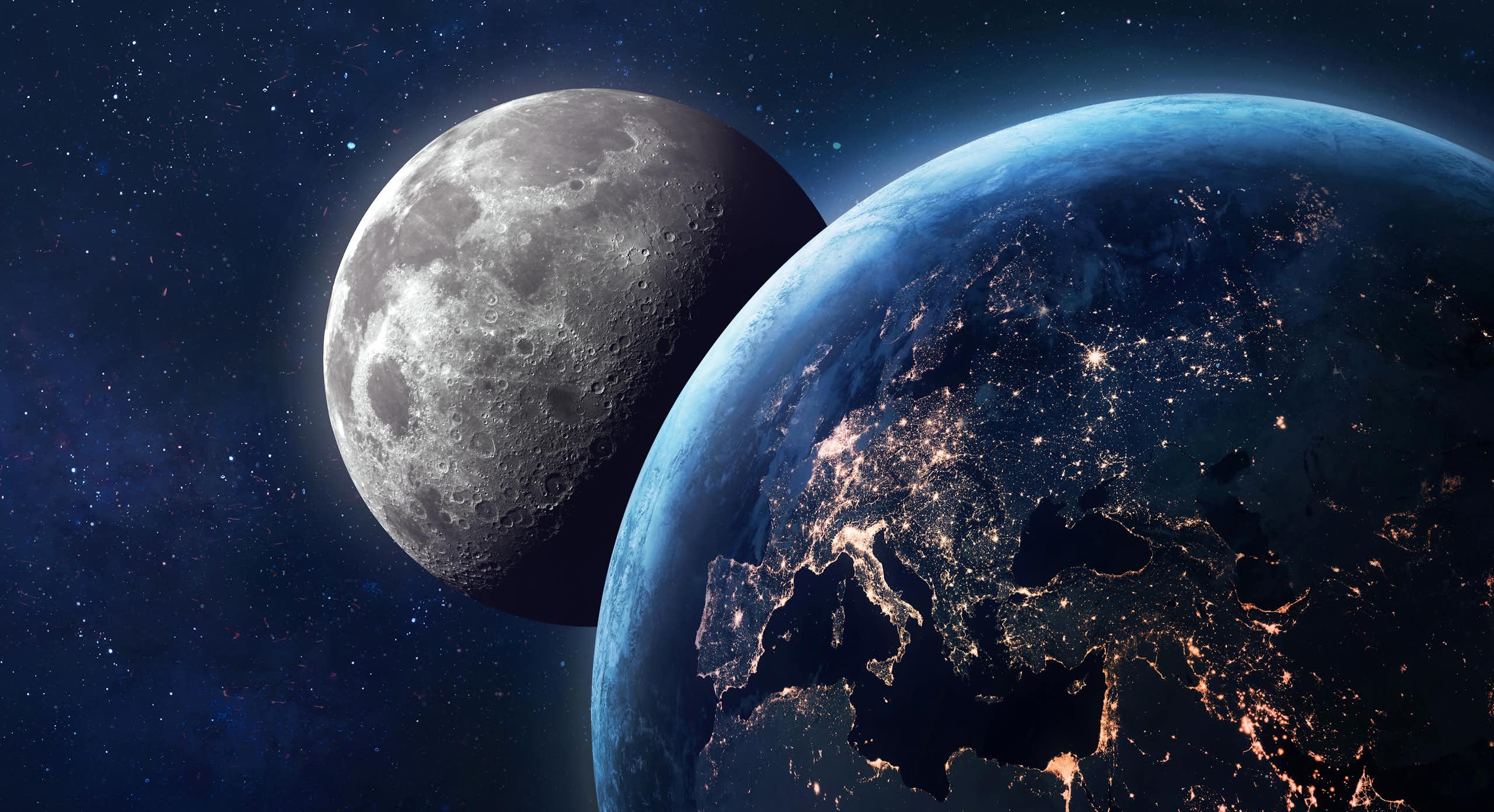 Ilustração de computador da Terra com a Lua ao fundo