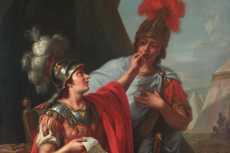 Alexander putting his seal ring over Hephaestion's lips.