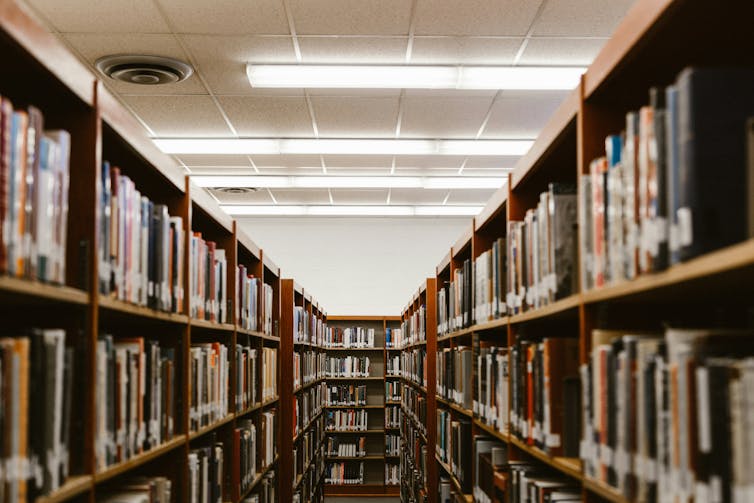 Two rows of book shelves in a library.