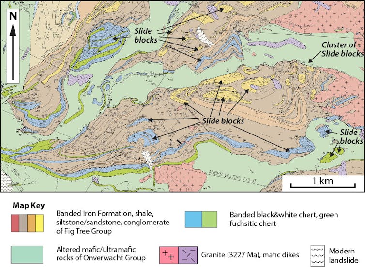 A detail of a new map by Cornel de Ronde of the Barberton Greenstone Belt shows jumbled rocks with the remains of underwater landslides consisting of huge slide blocks.