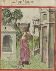 An illustration of a blond woman in a pink dress carrying a wooden vessel on top of her head outside.