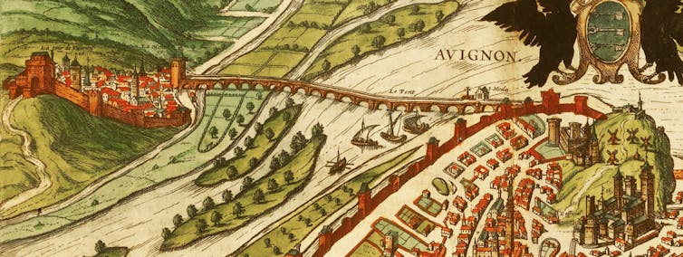 An illustration in shades of green and red showing two towns connected by a bridge over a river with a few small islands in it.