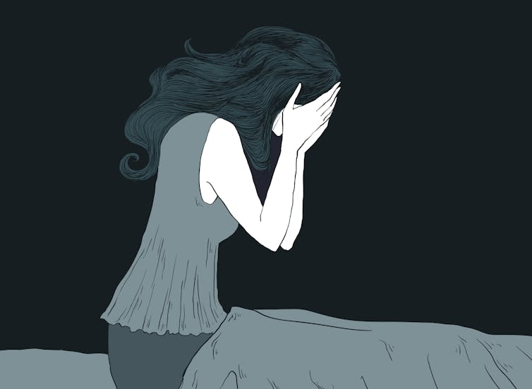 Illustration of woman in bed covering her face with her hands