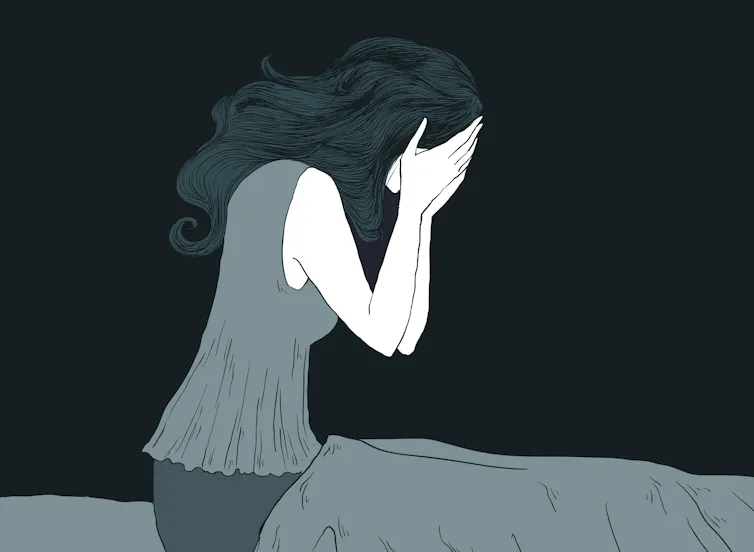 Ilustração de uma mulher na cama cobrindo o rosto com as mãos