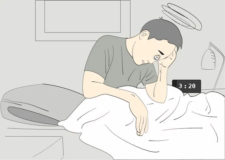 Ilustração de um homem sentado na cama, sofrendo de insônia