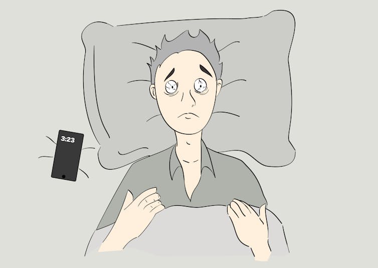 Illustration of exhausted man in bed, suffering with insomnia