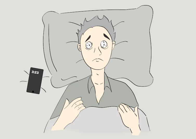 Ilustração de um homem exausto na cama, sofrendo de insônia