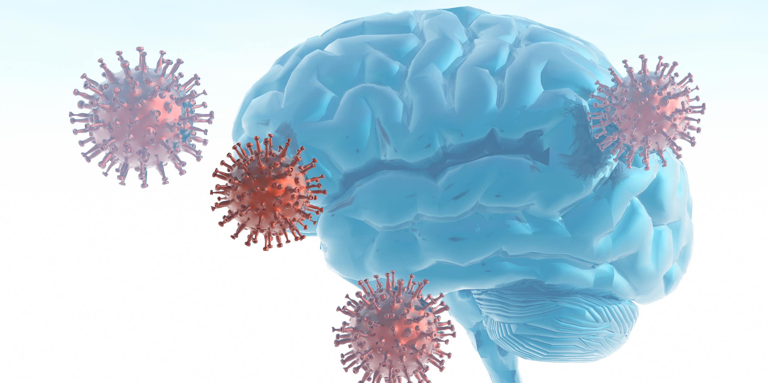 Conceptual illustration of brain fog with a brain surrounded by four SARS-CoV-2 viral particles.