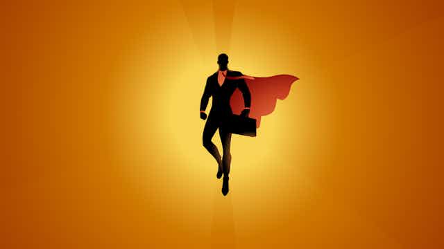 Illustration of person in a suit, holding a briefcase and wearing a cloak that enables them to fly