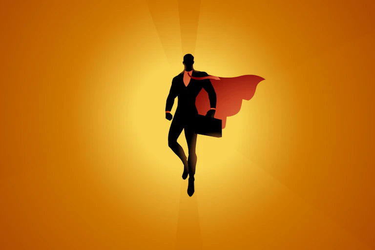 Illustration of person in a suit, holding a briefcase and wearing a cloak that enables them to fly