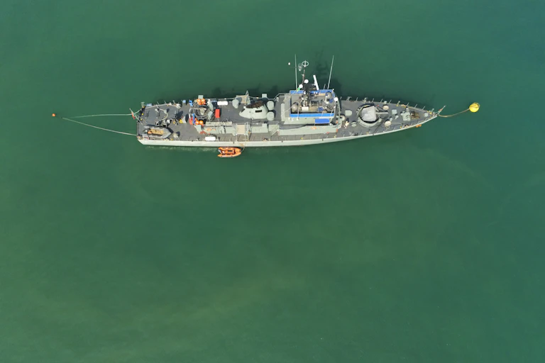 Birds-eye view of a ship in water