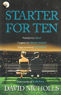 Book cover featuring a man and woman on a bench.