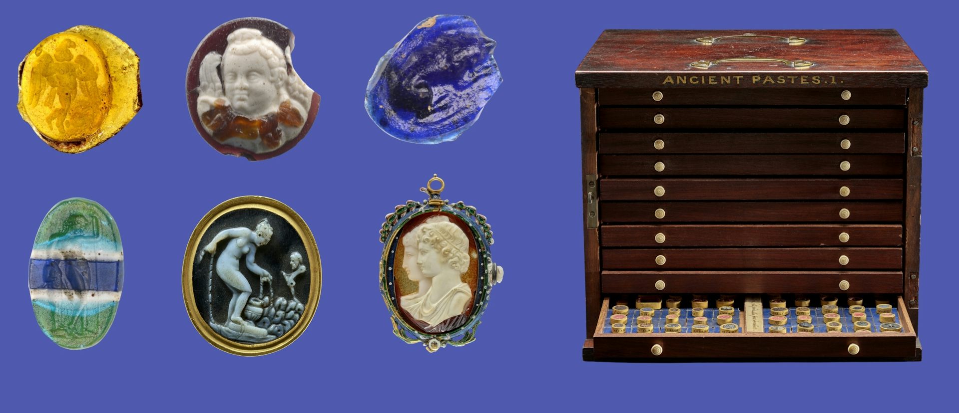 Items from the Rediscovering Gems exhibition, including Roman cameos.