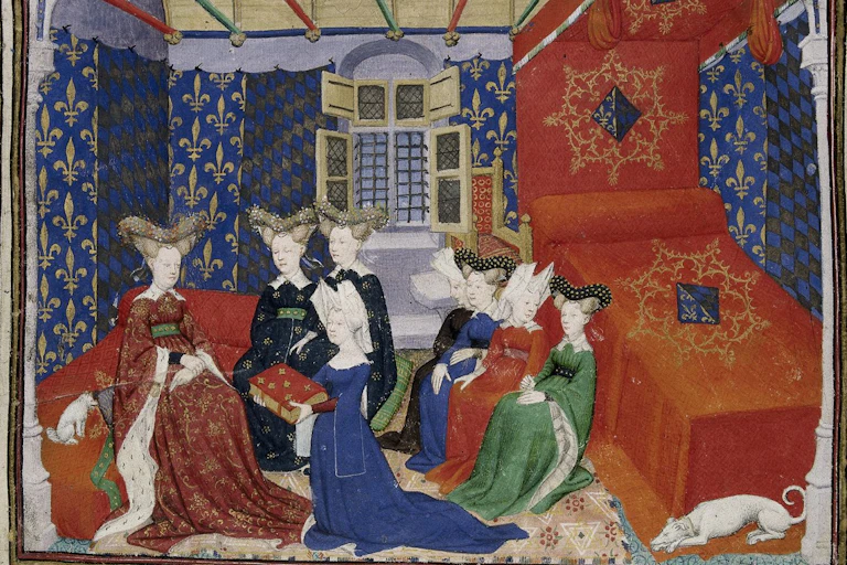 Detalle de una miniatura de presentación con Christine de Pisan presentando su libro a la reina Isabeau de Baviera.