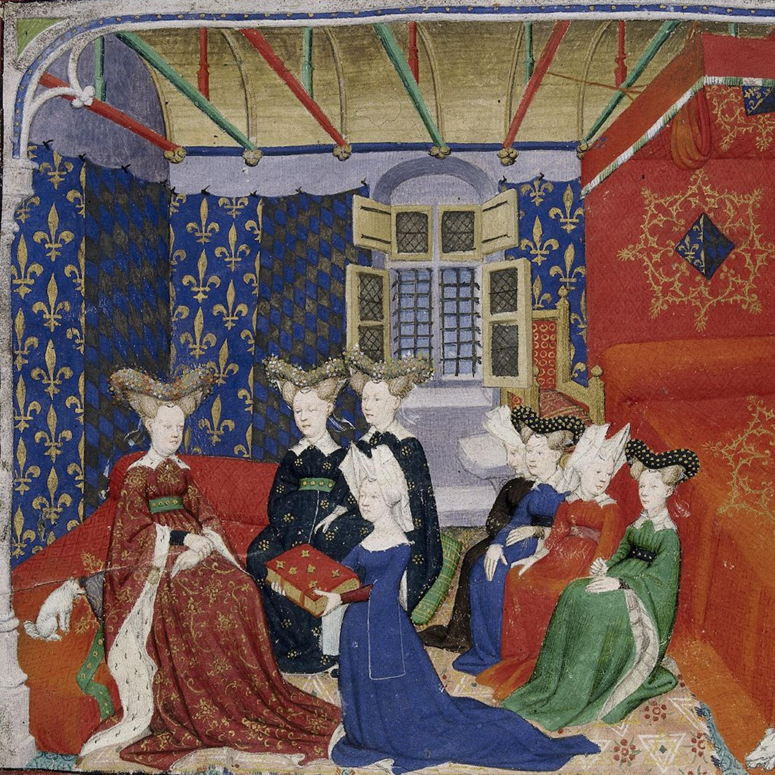 Detalle de una miniatura de presentación con Christine de Pisan presentando su libro a la reina Isabeau de Baviera. 