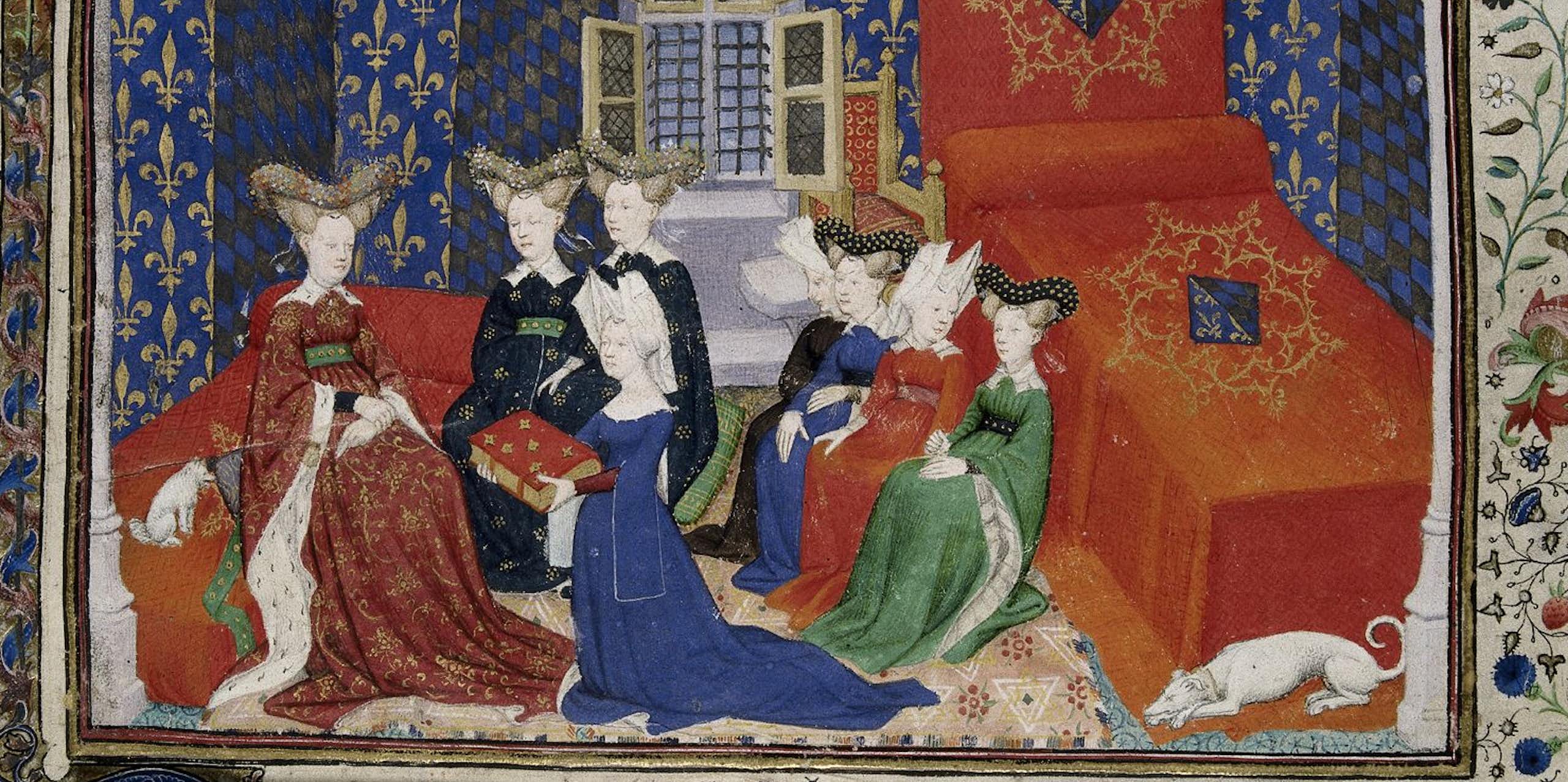 Detalle de una miniatura de presentación con Christine de Pisan presentando su libro a la reina Isabeau de Baviera. 