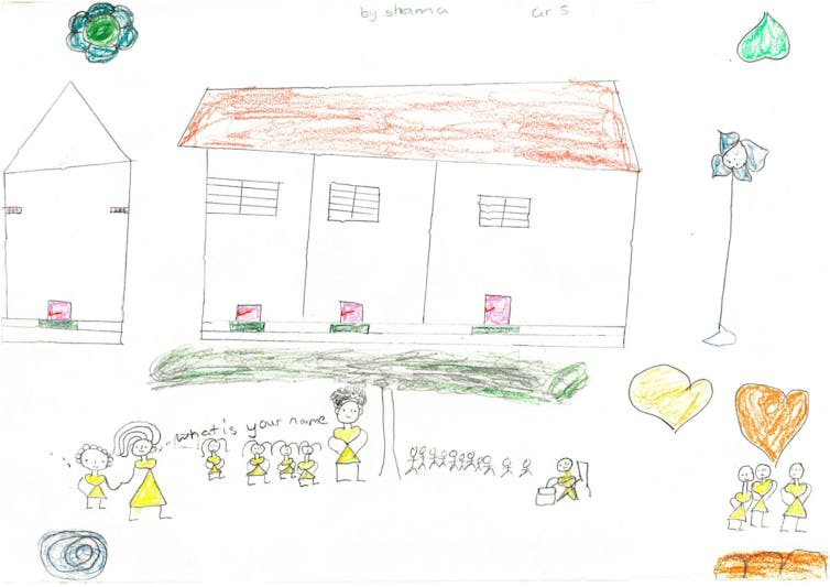 A children's drawing in coloured pencils depicts adults visiting a school building, surrounded by children