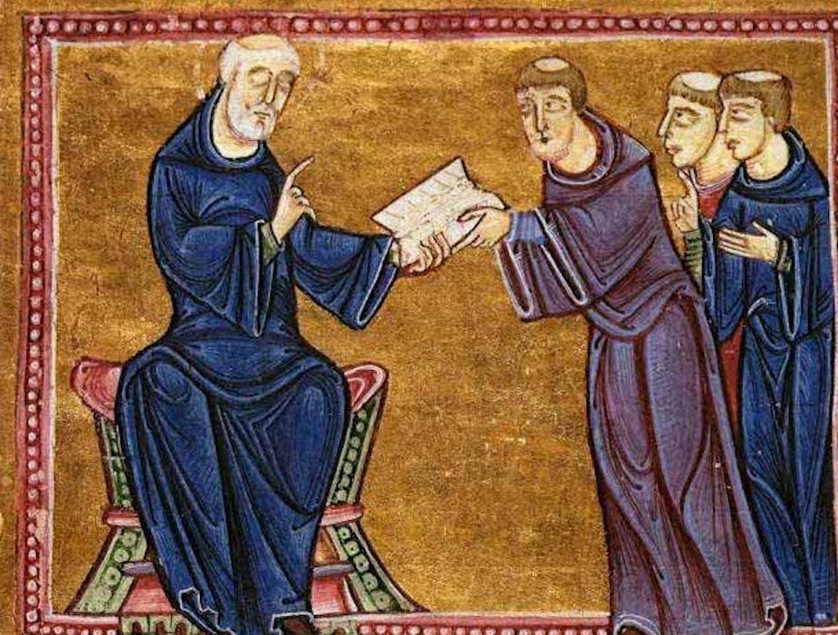 Illustration of St. Benedict delivering his rule to the monks of his order
