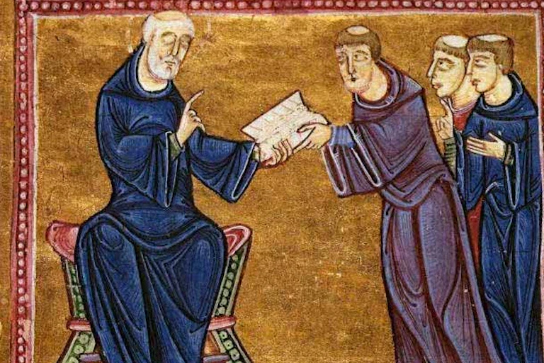 Illustration of St. Benedict delivering his rule to the monks of his order