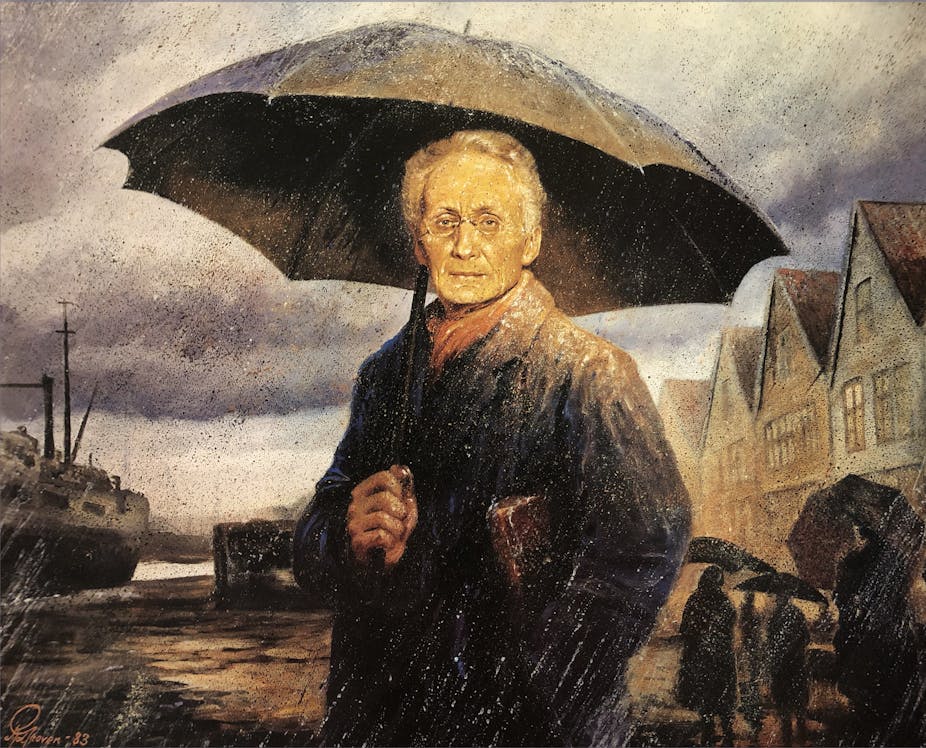 Peinture de Vilhem Bjerknes portant un parapluie sous un ciel nuagueux