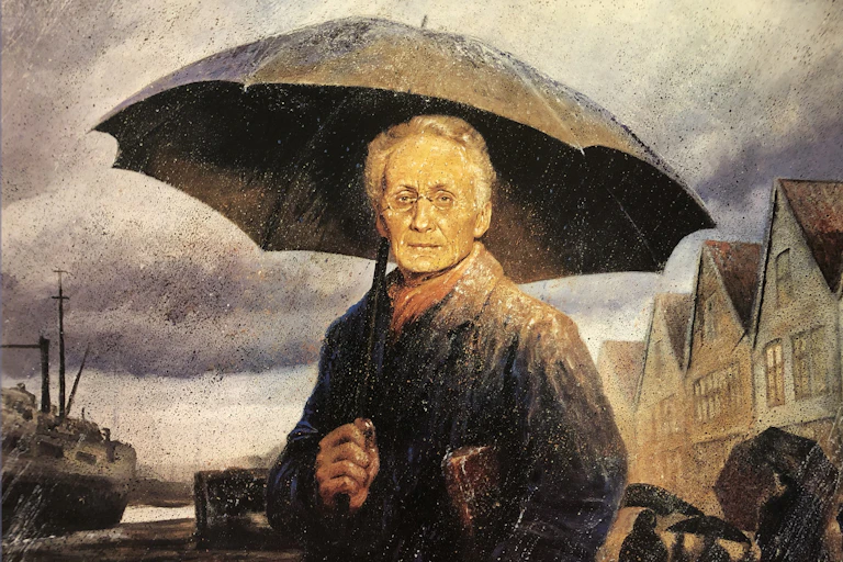 Peinture de Vilhem Bjerknes portant un parapluie sous un ciel nuagueux