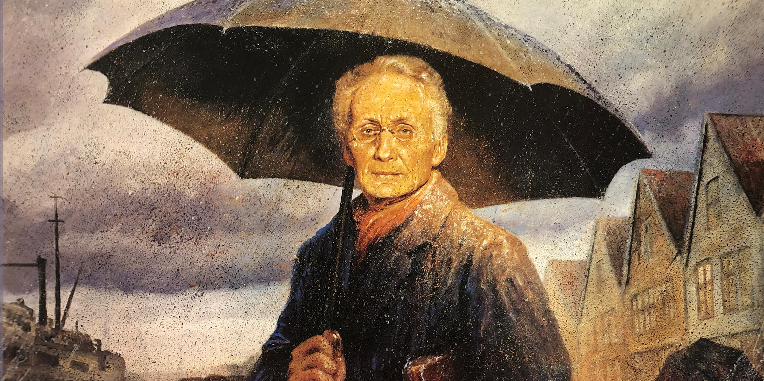 Peinture de Vilhem Bjerknes portant un parapluie sous un ciel nuagueux