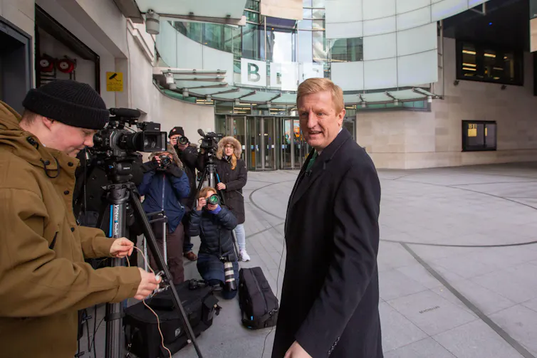 Oliver Dowden standing in front of press photographers outside the BBC in London.