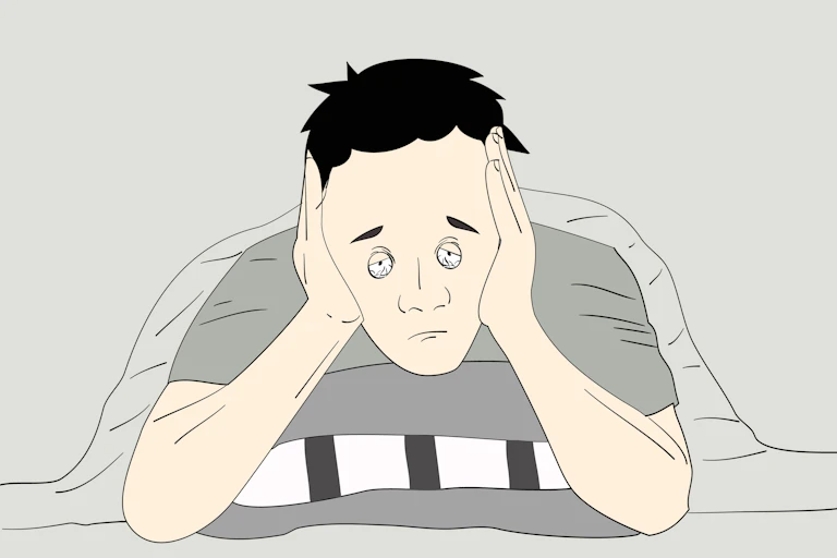 Ilustração de um homem que sofre de insônia com aparência cansada