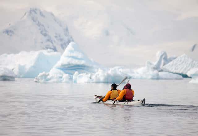 people kayaking in icy seas