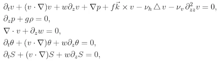Cinq lignes d’équations reliant vitesse du fluide, pression, densité, température et salinité