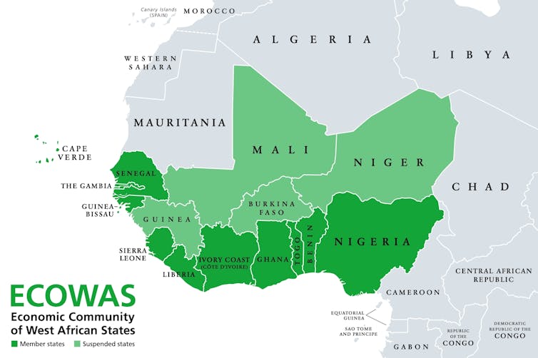 A map showing the 15 member states of Ecowas.