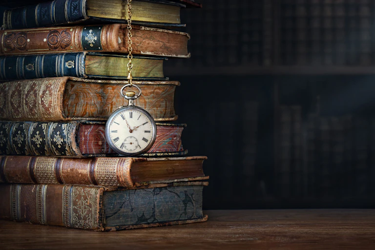 Un reloj de mano colgado en medio de unos libros antiguos.
