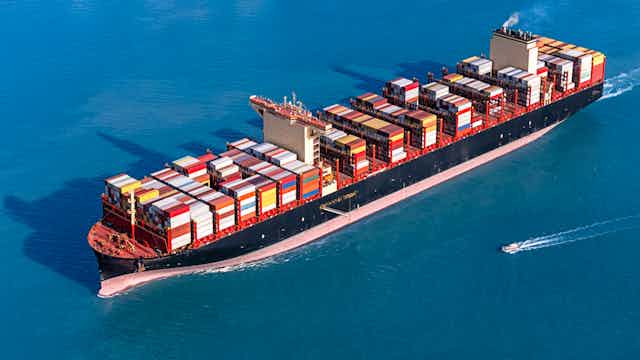 Aerial view of a container ship at sea