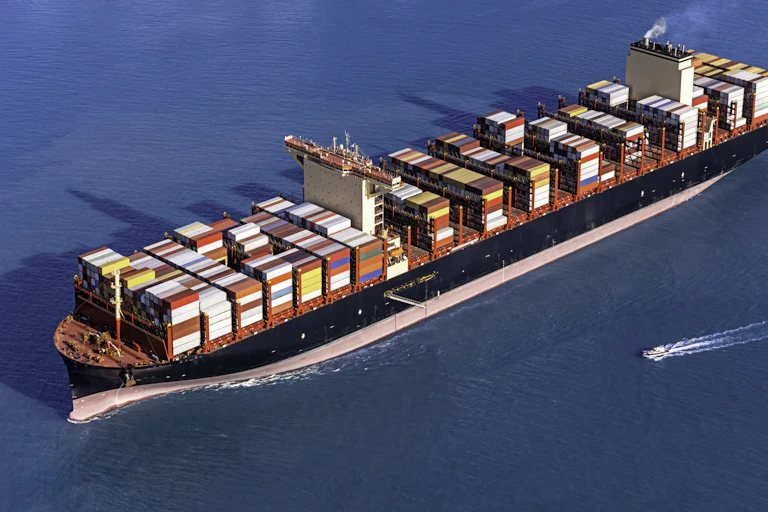 Aerial view of a container ship at sea