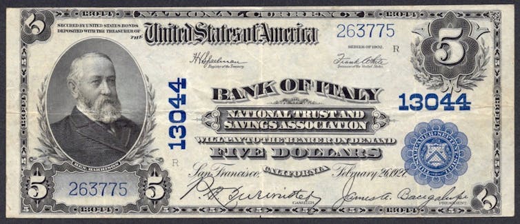 A US national bank note issued by the Bank of Italy in 1927.