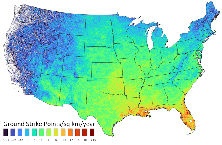 A US map shows red areas along the Gulf Coast, fading to green and blue to the north and west.