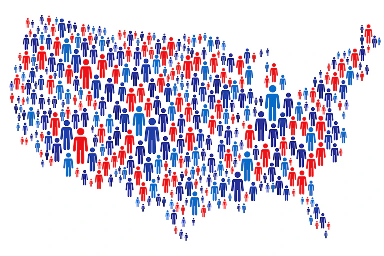 A graphic of the United States filled with figures of people.