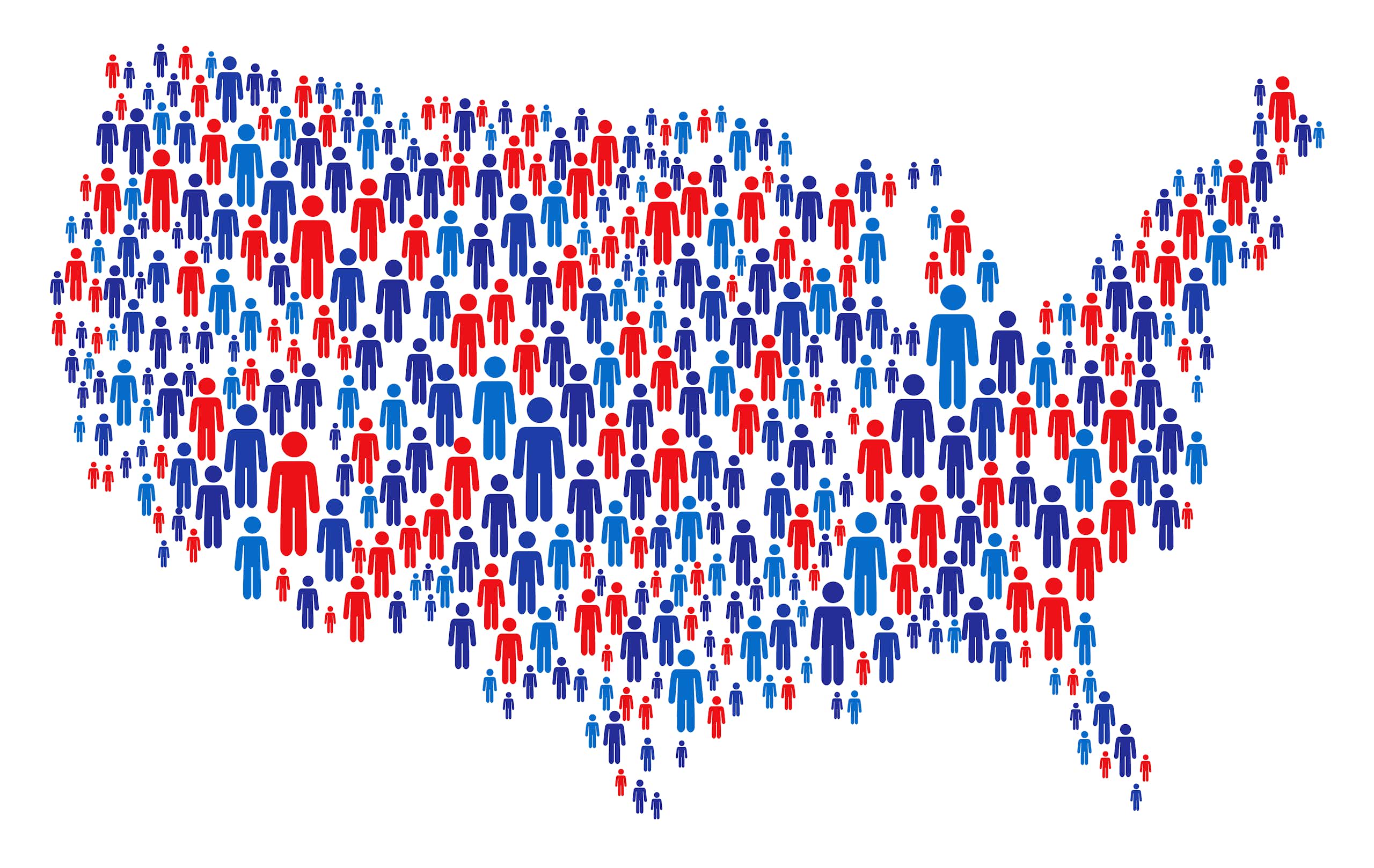 A graphic of the United States filled with figures of people.