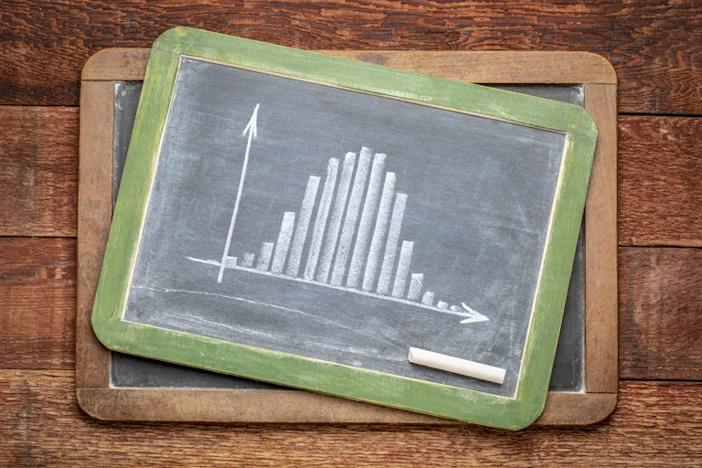 A small chalkboard showing a histogram with bars in a normal distribution.