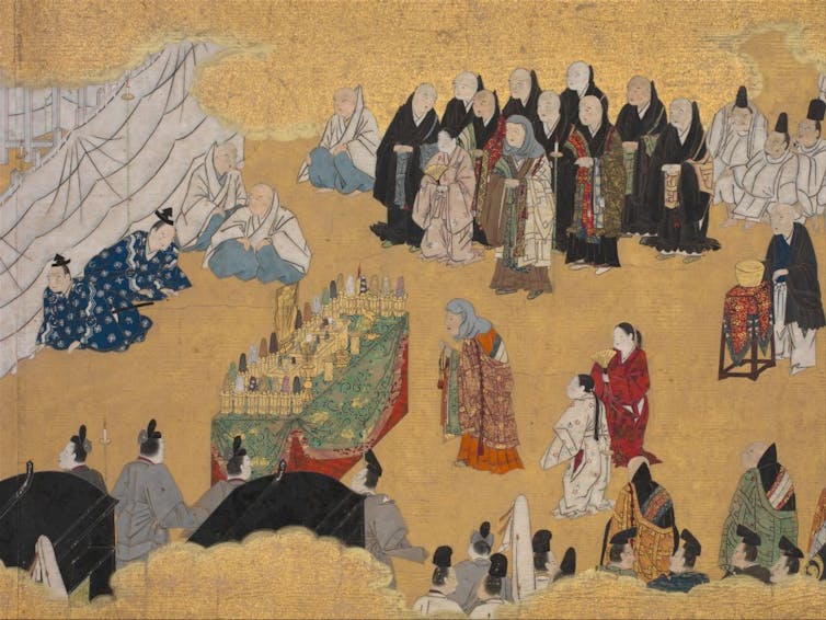 An intricate illustration of a ceremony attended by people in robes, with the background covered in a golden color.