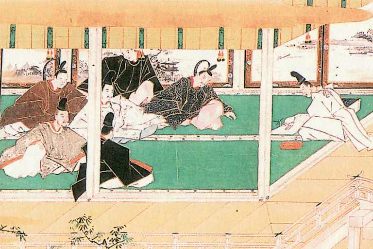 A faded illustration shows six seated men in robes watching another man in robes as he concentrates on something in his hands.