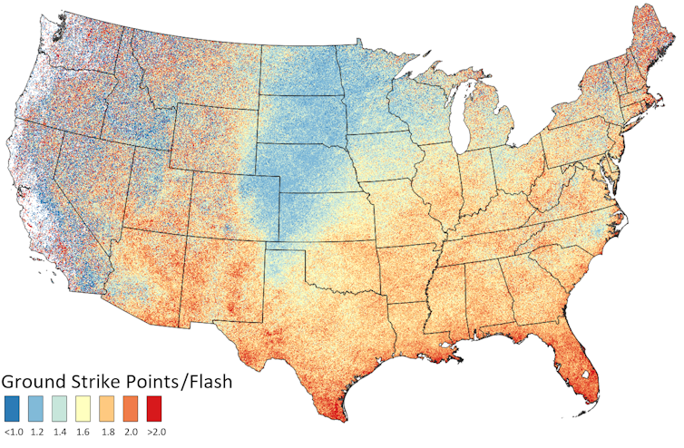 A map shows red in the Gulf Coast states, blue over the Great Plains and more red in the western mountains.