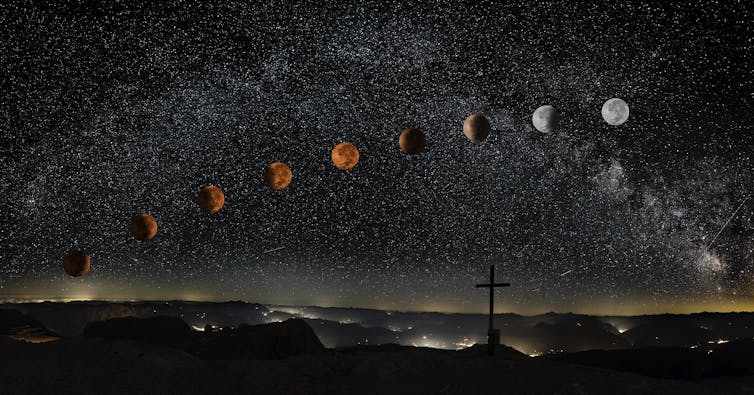 phases of a lunar eclipse against night sky