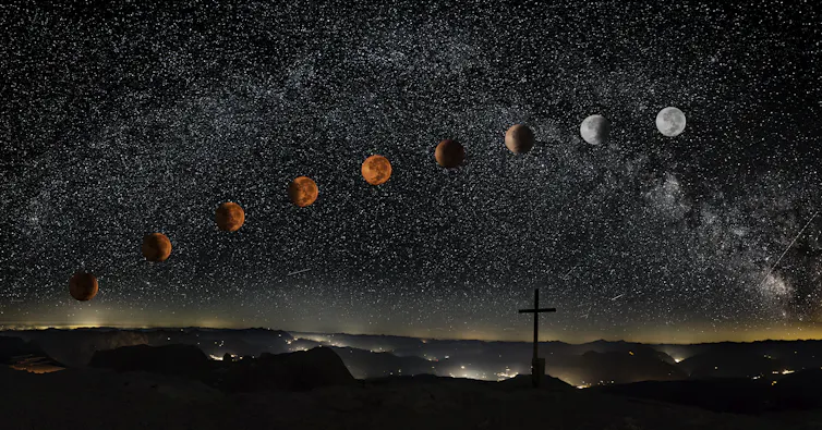 phases of a lunar eclipse against night sky