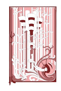 A pink, red and white illustration of a tower and an elephant with curved, plantlike lines.
