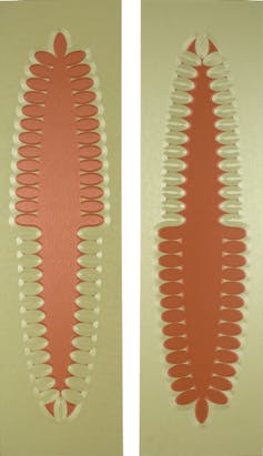 A diptych of two bold orange and pale green prints resembling ferns.