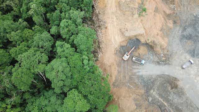 Aerial shot, tropical forest green tree canopy on left side, brown bare ground with machinery on right side, no trees